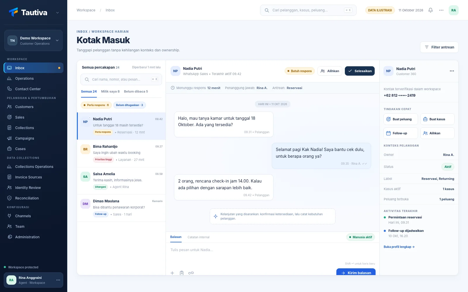 Pratinjau desain Inbox Tautiva untuk koordinasi WhatsApp tim